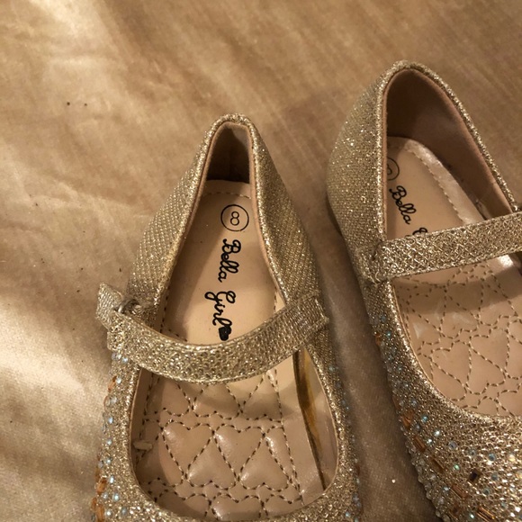 Girl’s gold sequined Mary Jane dress shoes with light blue accents. - Picture 4 of 6